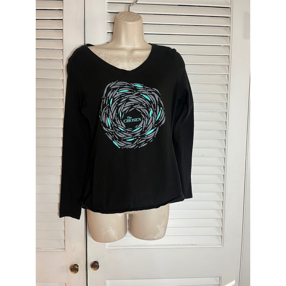 The Chosen Graphic Long Sleeve V-Neck Tee Black Fish Logo Women Small